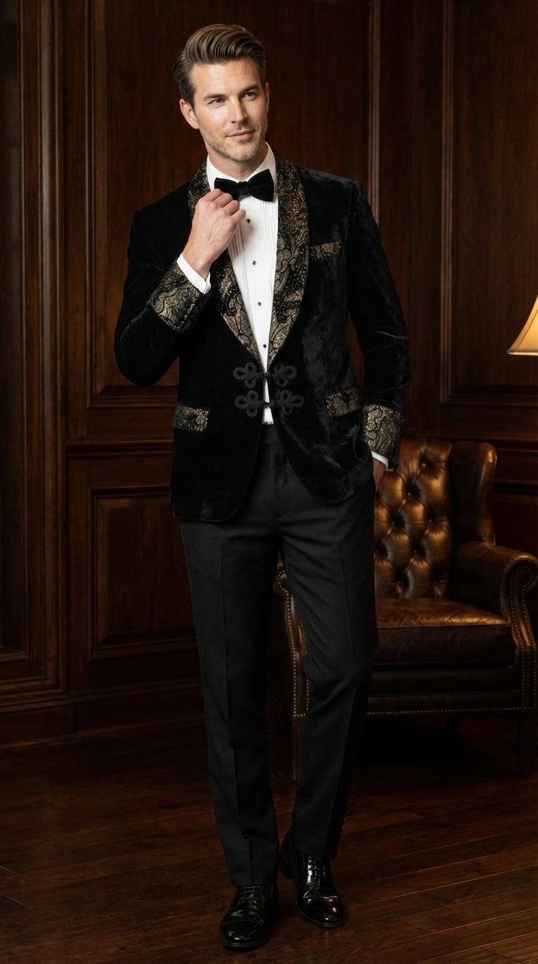 Men’s Smoking Jacket  Black and Gold Embroidered Tuxedo Blazer – Luxury Velvet Formal Dinner Jacket with Paisley Lapel