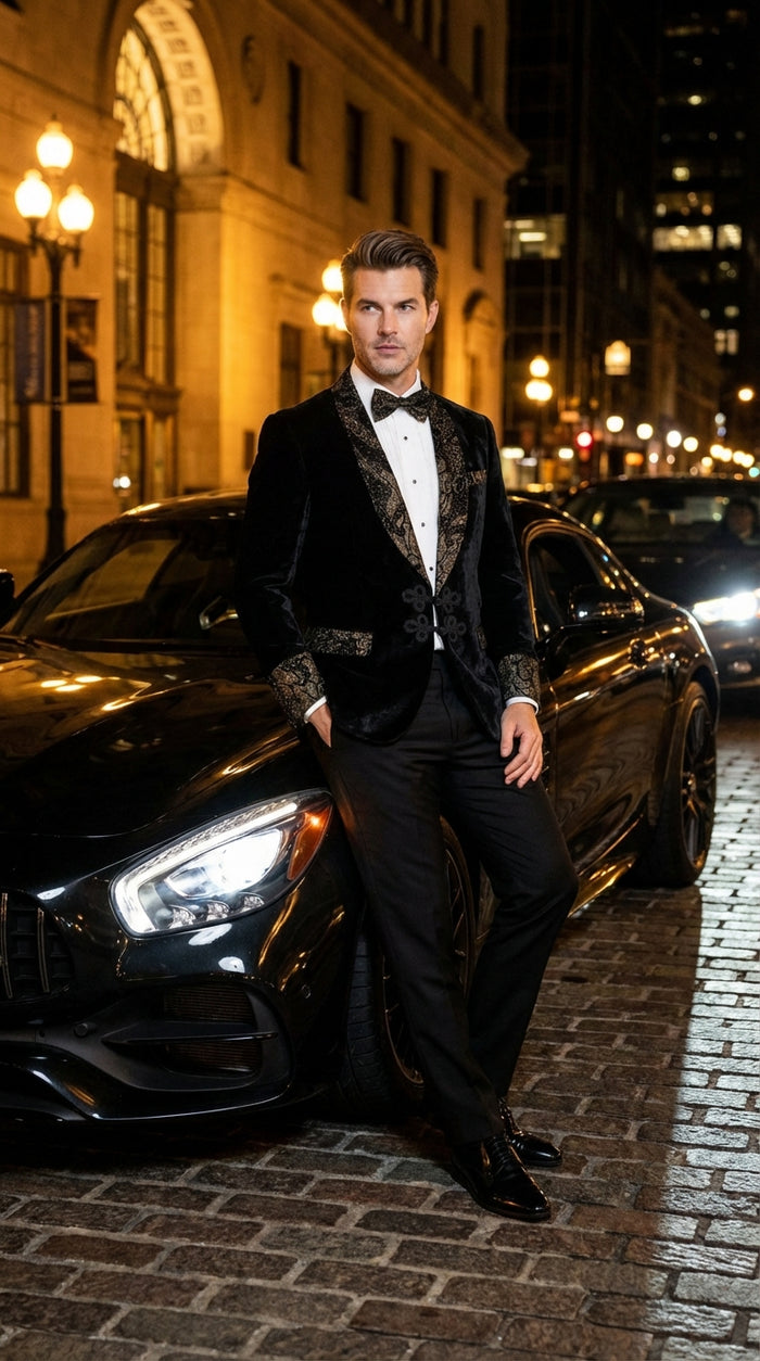 Men’s Smoking Jacket  Black and Gold Embroidered Tuxedo Blazer – Luxury Velvet Formal Dinner Jacket with Paisley Lapel