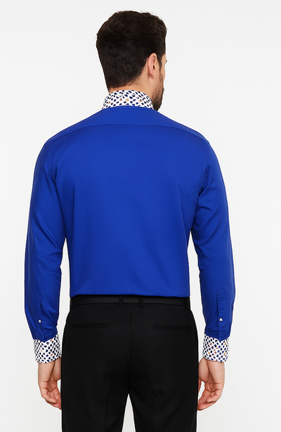 Solid/Polka Dot Pattern Cotten Blend Royal Blue Shirt With Tie & Hanky Men's Dress Shirt