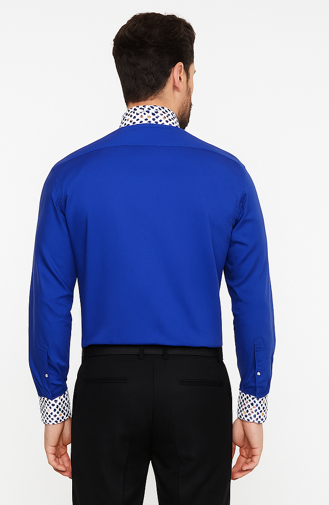 Solid/Polka Dot Pattern Cotten Blend Royal Blue Shirt With Tie & Hanky Men's Dress Shirt