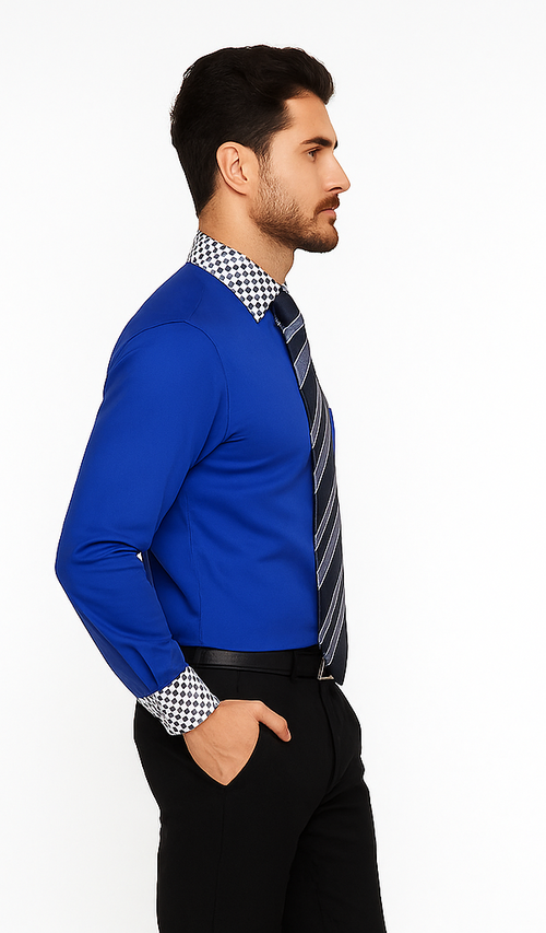 Solid/Polka Dot Pattern Cotten Blend Royal Blue Shirt With Tie & Hanky Men's Dress Shirt