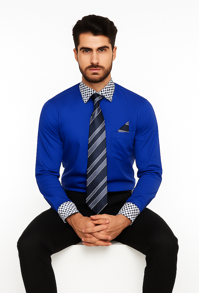 Solid/Polka Dot Pattern Cotten Blend Royal Blue Shirt With Tie & Hanky Men's Dress Shirt