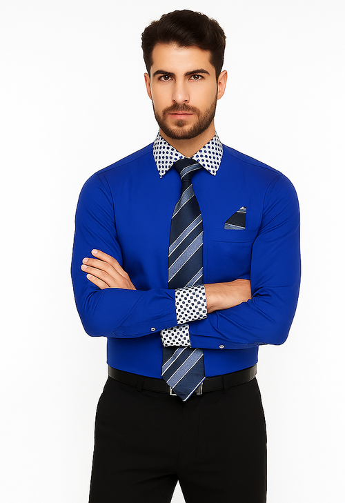 Solid/Polka Dot Pattern Cotten Blend Royal Blue Shirt With Tie & Hanky Men's Dress Shirt