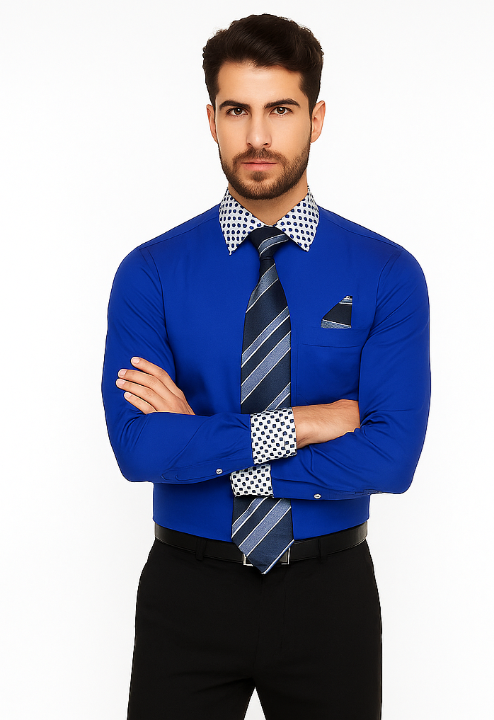 Solid/Polka Dot Pattern Cotten Blend Royal Blue Shirt With Tie & Hanky Men's Dress Shirt