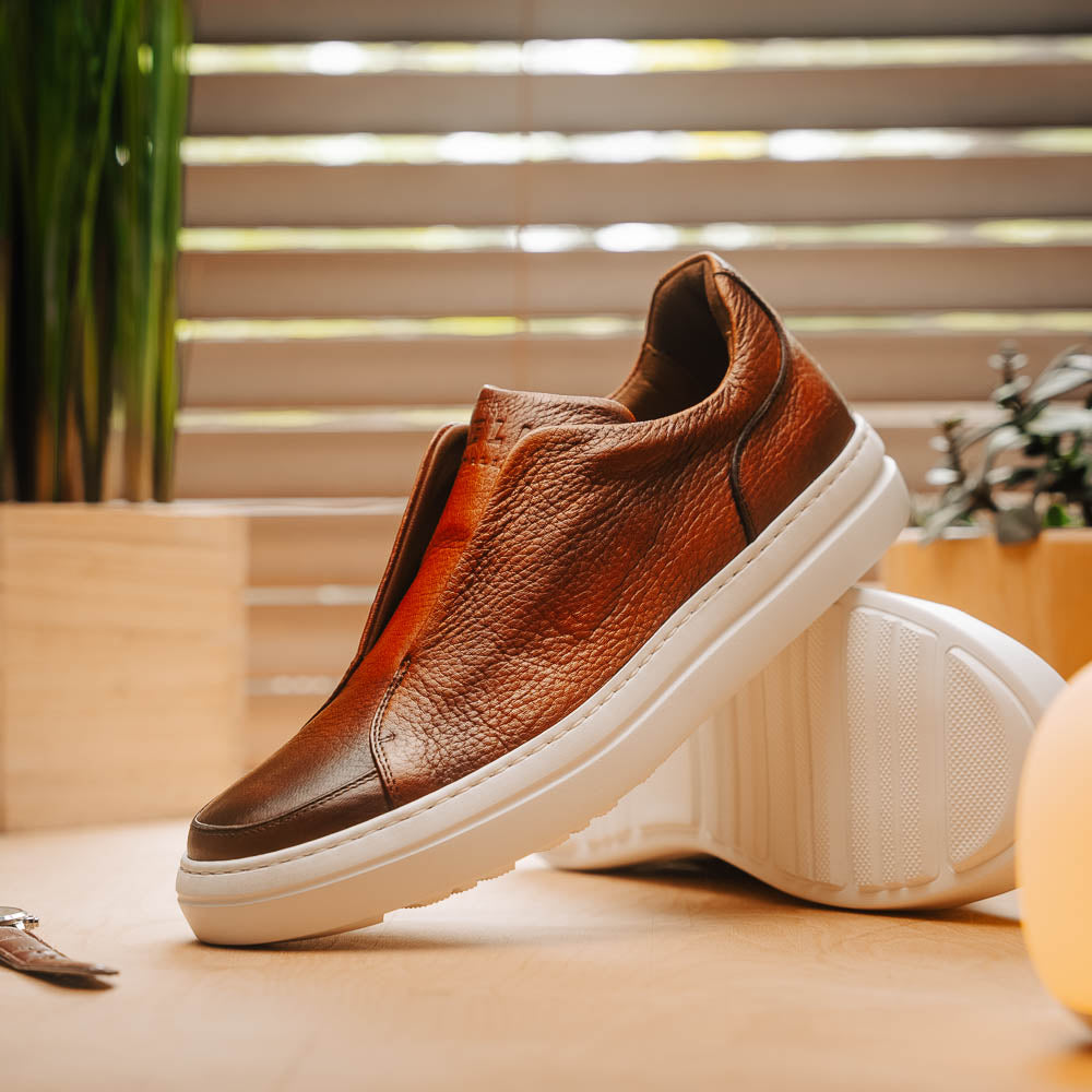 Zelli Spettacolare Pebble Grain Slip-On Sneaker in Cognac
