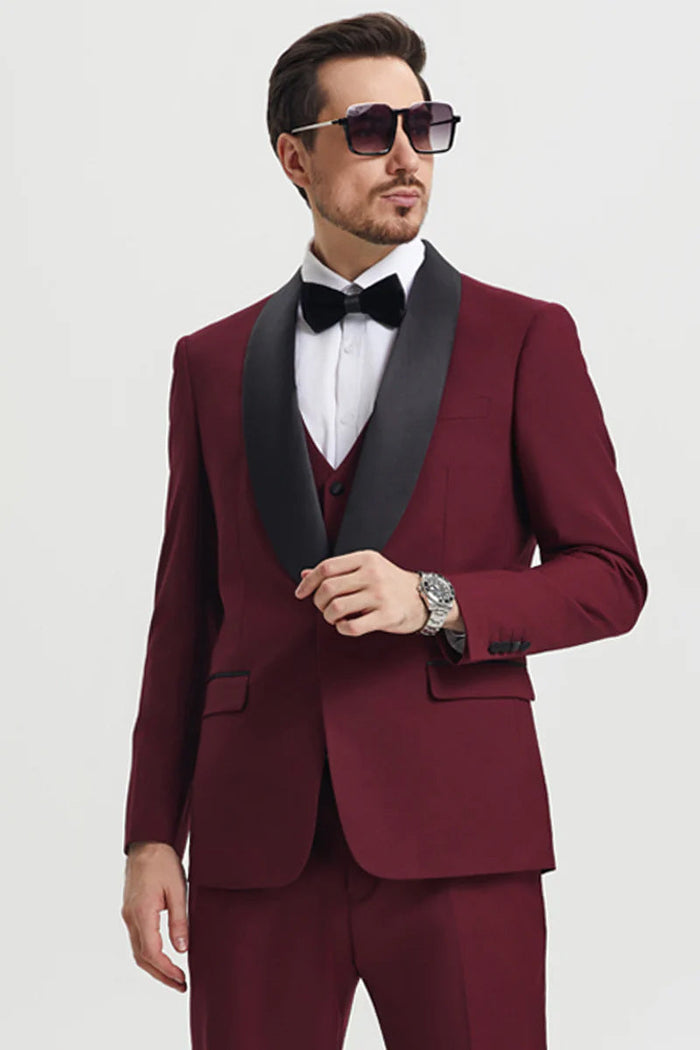Calloway Burgundy 1-Button Shawl Tuxedo (3-Piece Set) by Stacy Adams