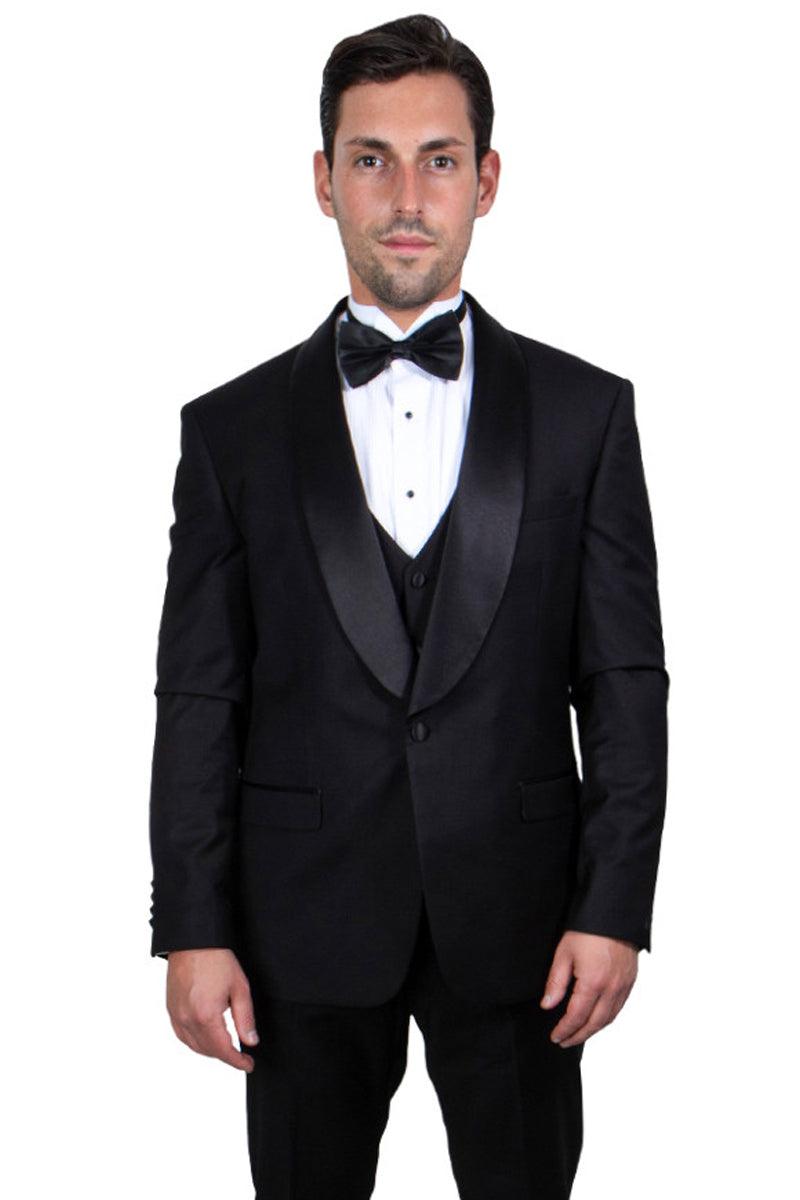 Stacy Adams Men's Black Tux with Shawl Lapel & Single Button Vest - Elegant Mensattire