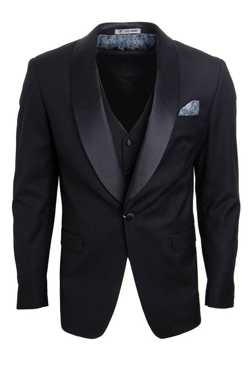 Stacy Adams Men's Black Tux with Shawl Lapel & Single Button Vest - Elegant Mensattire