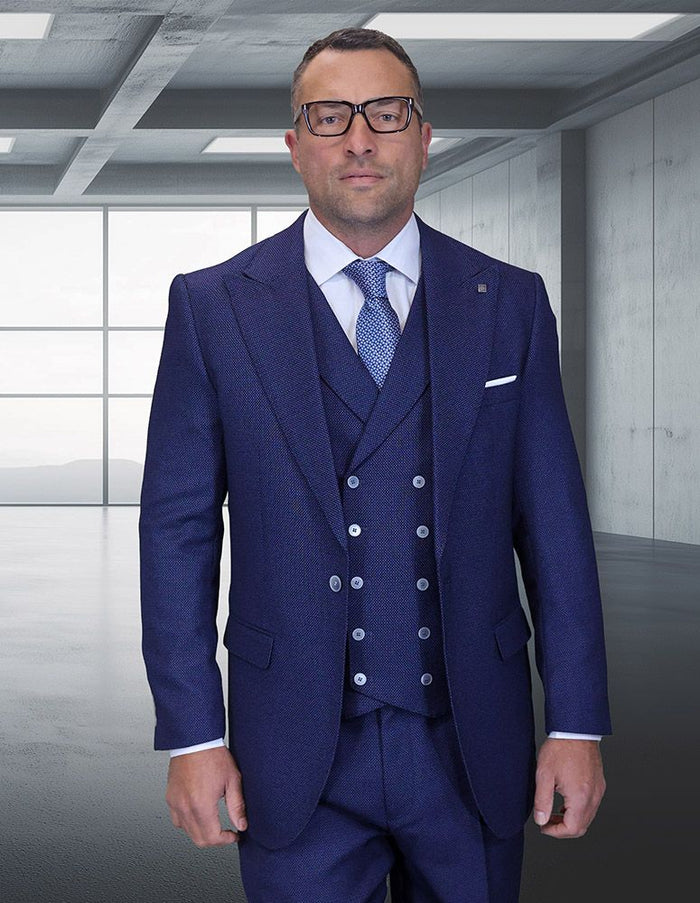 Statement Mens Big and Tall 3 Piece 100% Super 200s Wool Suit – Classic Fit Woven Texture, Wide Leg Pants