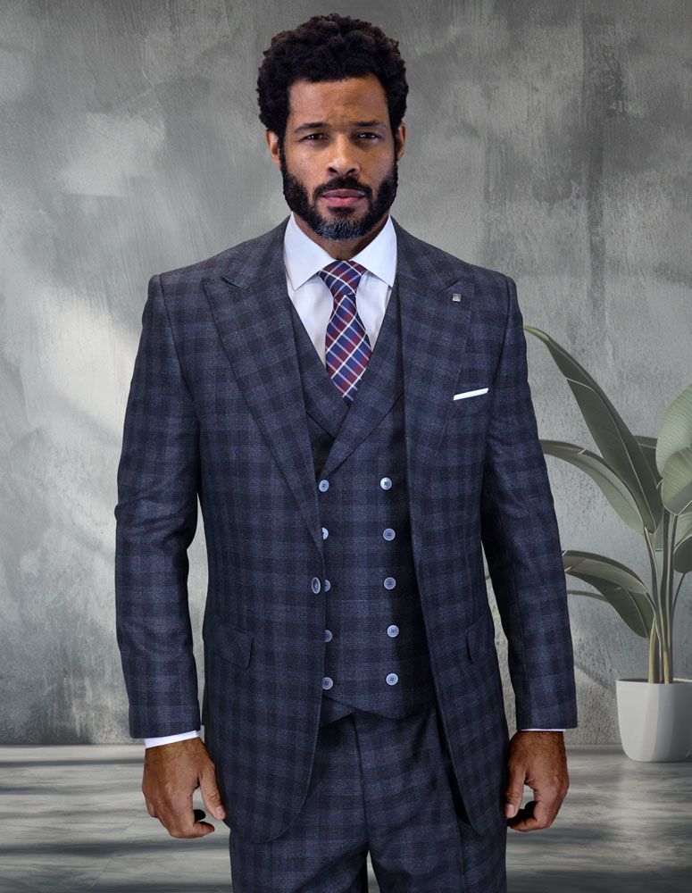 Statement Mens Classic Fit 3 Piece 100% Super 200s Wool Windowpane Plaid Suit – Wide Leg Pleated Pants – SuitUSA