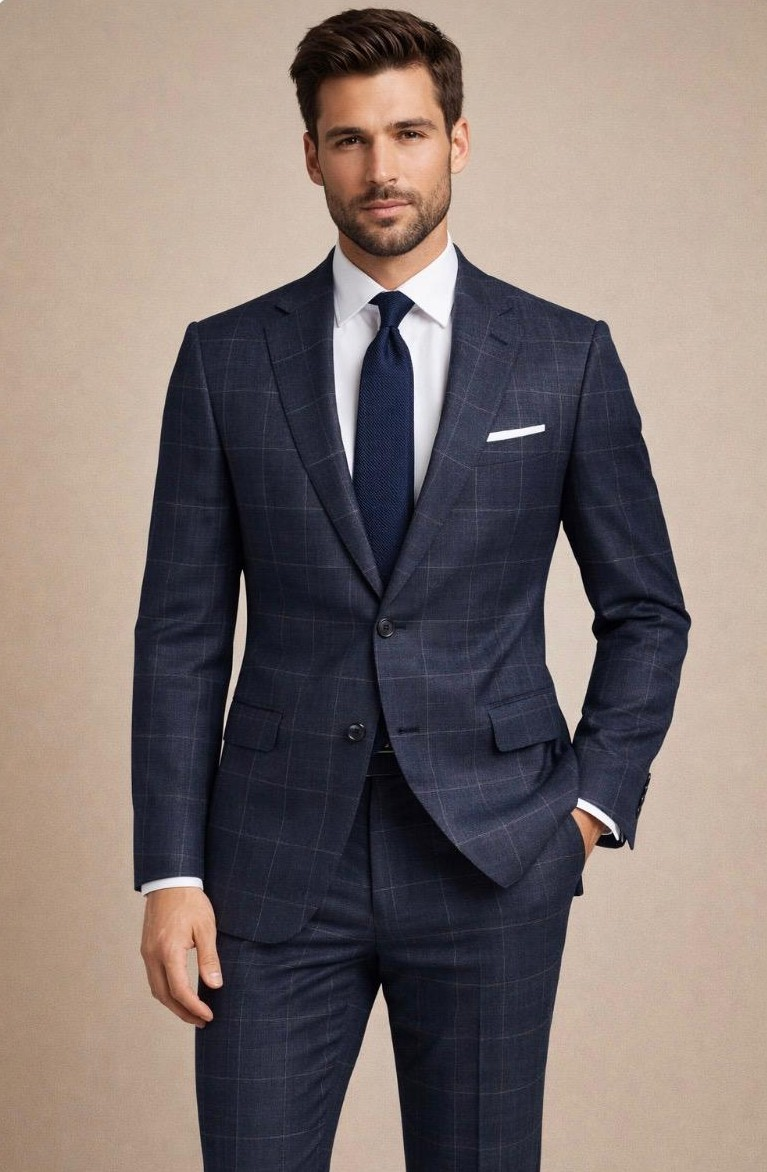 Statement Mens Modern Fit 2 Piece 100% Super 200s Wool Fine Windowpane Suit – Single Breasted Notch Lapel Jacket – SuitUSA