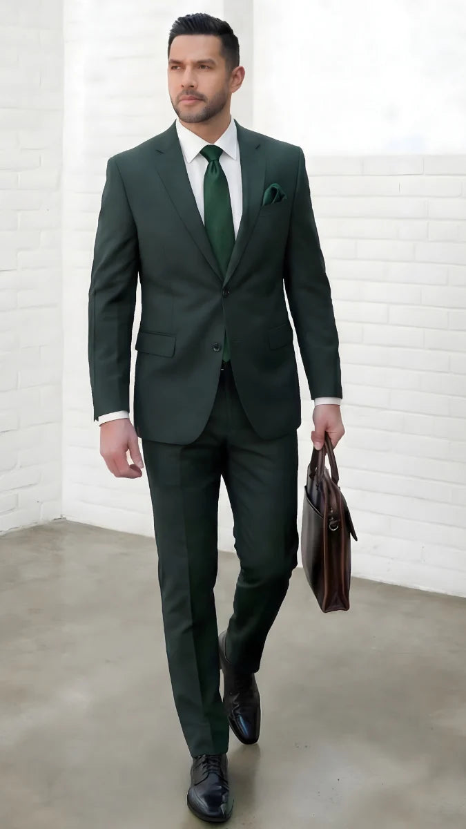 Statement Mens Modern Fit 2 Piece 100% Super 200s Wool Suit – Solid Colors, Notch Lapel Jacket