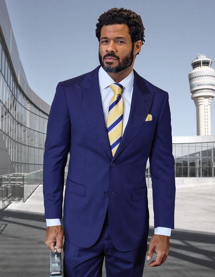 Statement Mens Modern Fit 2 Piece 100% Super 200s Wool Suit – Peak Lapel with Pick Stitching
