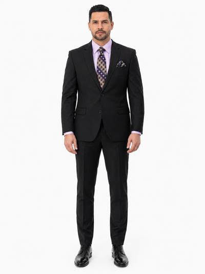 Statement Mens Modern Fit 2 Piece 100% Super 200s Wool Suit – Solid Colors, Notch Lapel Jacket