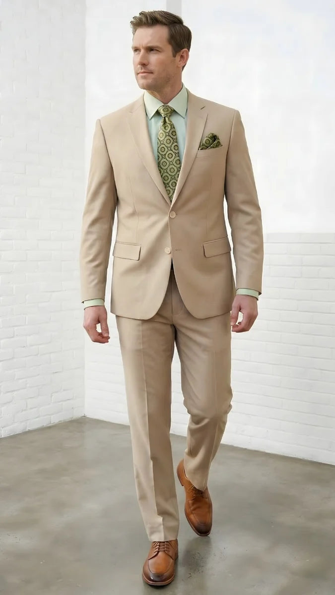 Statement Mens Modern Fit 2 Piece 100% Super 200s Wool Suit – Solid Colors, Notch Lapel Jacket