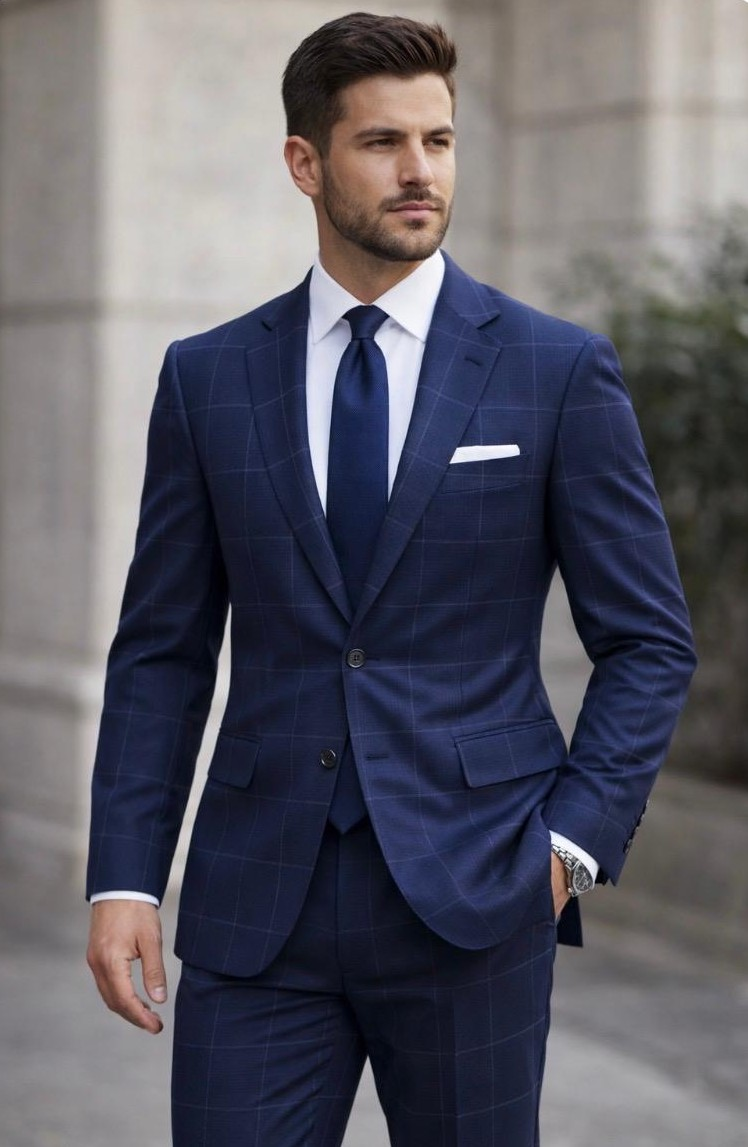 Statement Mens Modern Fit 2 Piece 100% Wool Sharp Windowpane Suit – Single Breasted Notch Lapel Jacket – SuitUSA