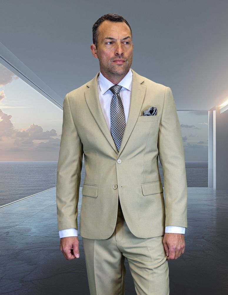 Statement Mens Modern Fit 2 Piece 100% Wool Suit – Notch Lapel Single Breasted Jacket – SuitUSA