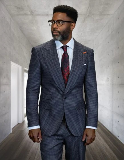 Statement Mens Modern Fit 2 Piece 100% Wool Suit – Wide Peak Lapel, One Button Jacket