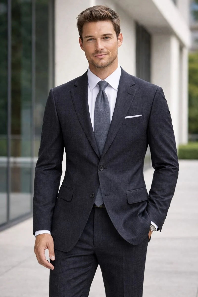 Statement Mens Modern Fit 2 Piece 100% Wool Textured Solid Suit – Notch Lapel Single Breasted Jacket – SuitUSA