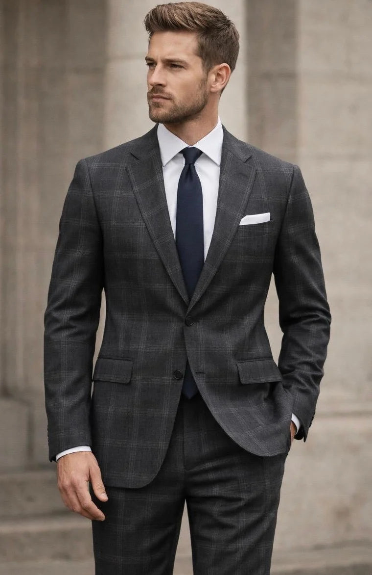 Statement Mens Modern Fit 2 Piece 100% Wool Windowpane Plaid Suit – Single Breasted Notch Lapel Jacket – SuitUSA