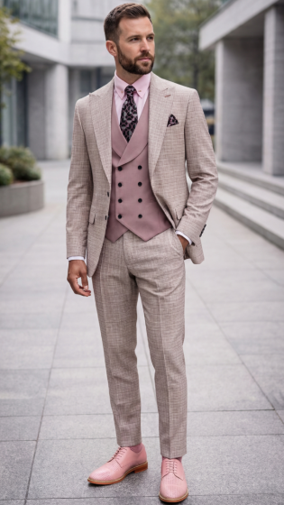 Statement Men's Modern Fit 3 Piece 100% Wool Gingham Suit – Peak Lapel, Double Breasted Vest – SuitUSA