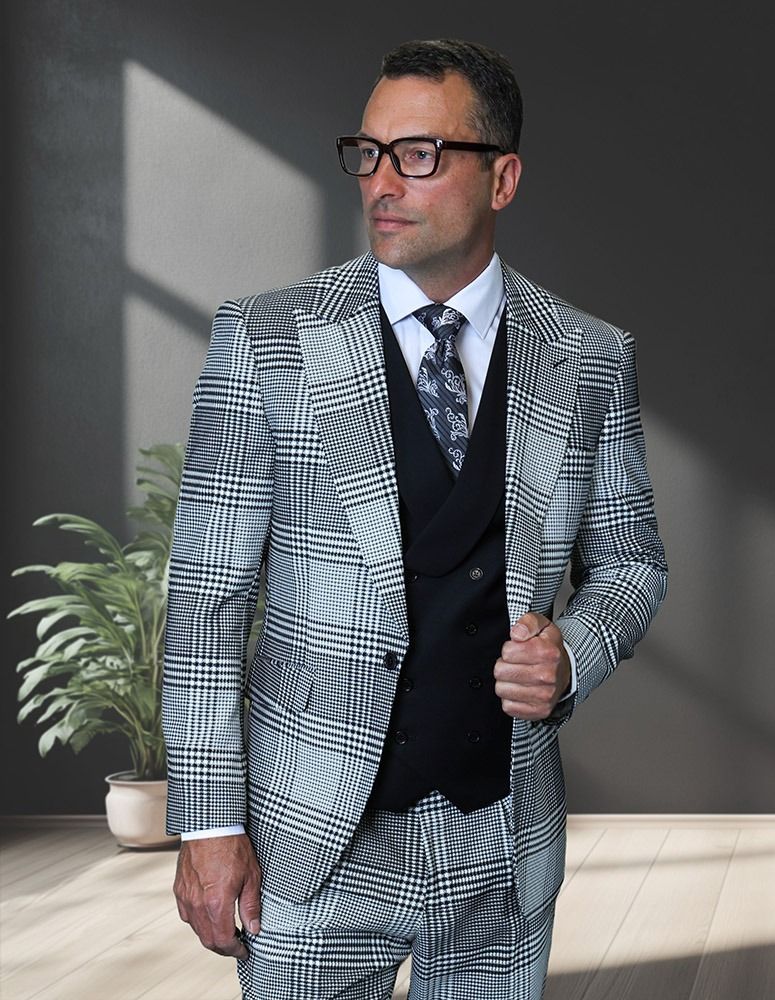 Statement Mens Modern Fit 3 Piece 100% Super 200s Wool Plaid Suit – Peak Lapel, Double Breasted Vest