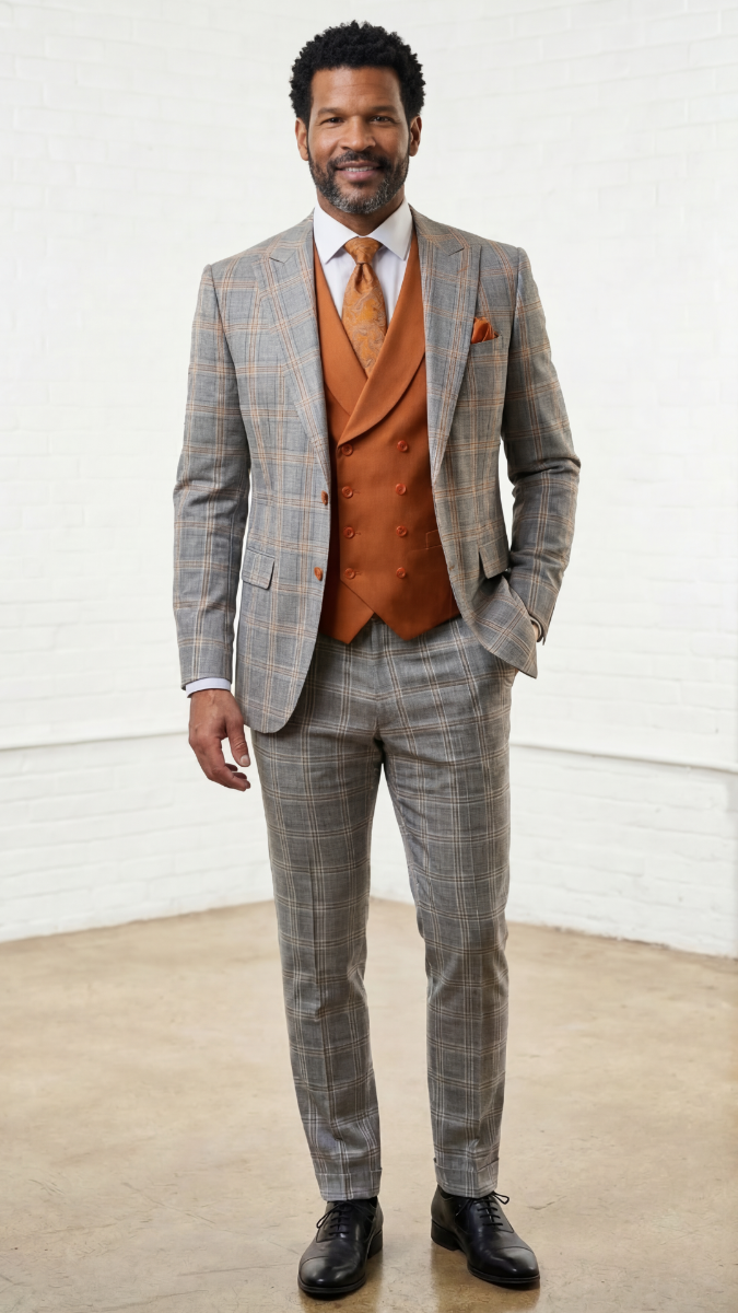 Statement Mens Modern Fit 3 Piece 100% Super 200s Wool Windowpane Suit – Solid Color Double Breasted Vest