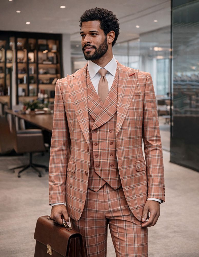Statement Mens Modern Fit 3 Piece 100% Super Wool Windowpane Suit – Double Breasted Vest, Peak Lapel – SuitUSA