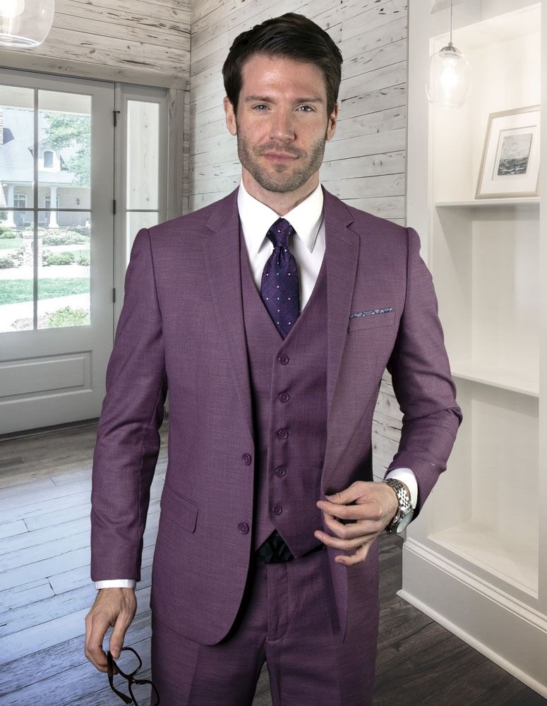 Statement Mens Modern Fit 3 Piece 100% Wool Suit – Subtle Texture, Notch Lapel Jacket – SuitUSA