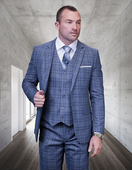 Plaid Big and Tall Mens 3 Piece Suit Windowpane Texture Business Pattern Modern Fit Side Vented Fashion for Men