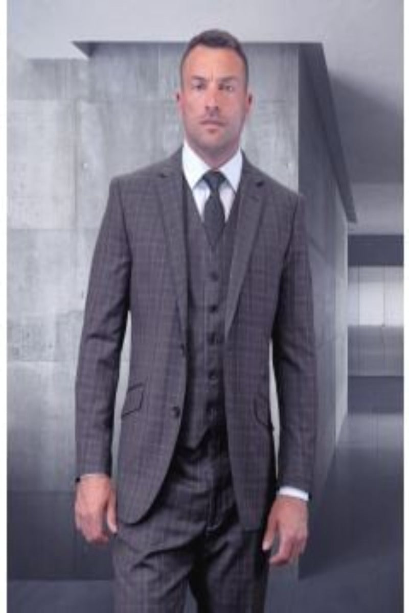 Men's Big & Tall 3pc Suit | Plaid | Windowpane Texture Business Pattern Modern Fit Side Vented