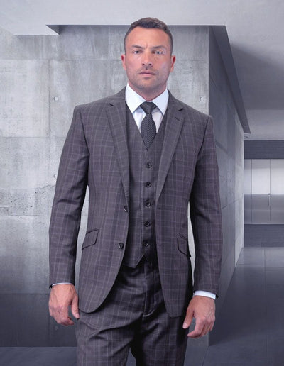 Men's Big & Tall 3pc Suit | Plaid | Windowpane Texture Business Pattern Modern Fit Side Vented