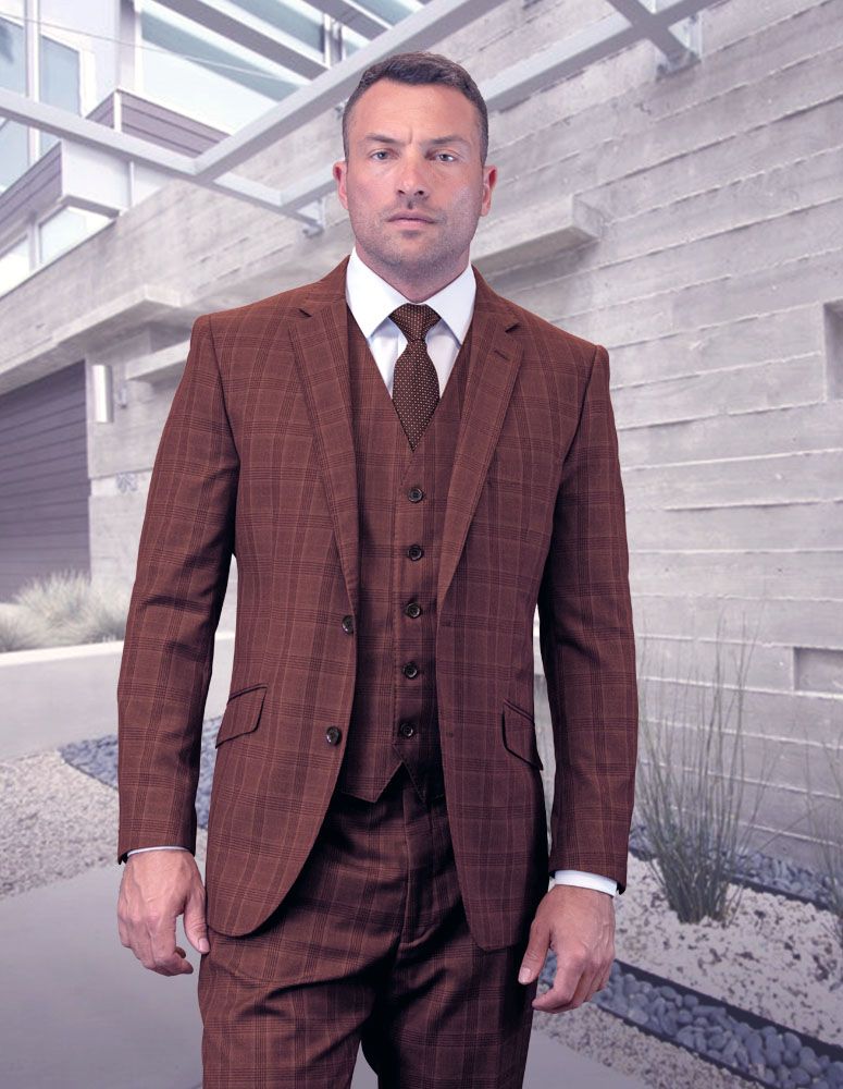 Men's Big & Tall 3pc Suit | Plaid | Windowpane Texture Business Pattern Modern Fit Side Vented