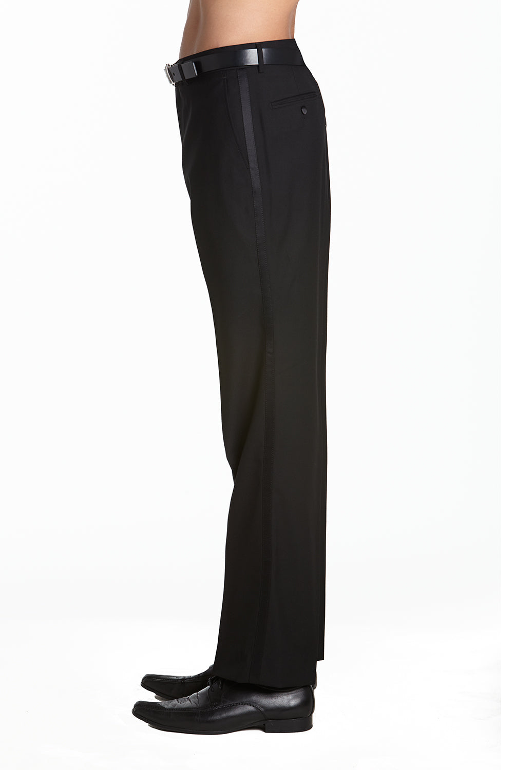 Mens Tuxedo Dress Pants Flat Front Satin Band Mens Tux Pant Trousers - Black with Black Stripe