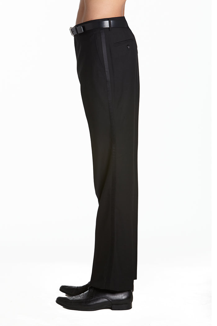 Mens Tuxedo Dress Pants Flat Front Satin Band Mens Tux Pant Trousers - Black with Black Stripe