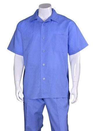 Big Men’s French Blue Linen Walking Suit Short Sleeve Shirt and Pants Set – Casual Summer Outfit
