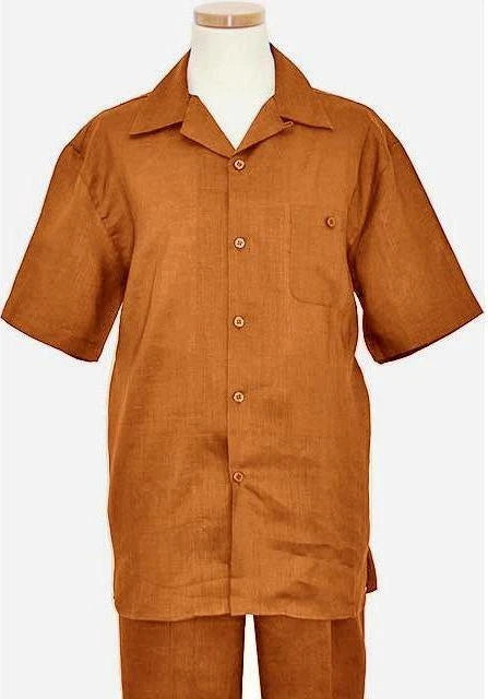 Big Men’s Luggage Brown Linen Walking Suit Short Sleeve Shirt and Drawstring Pants Set