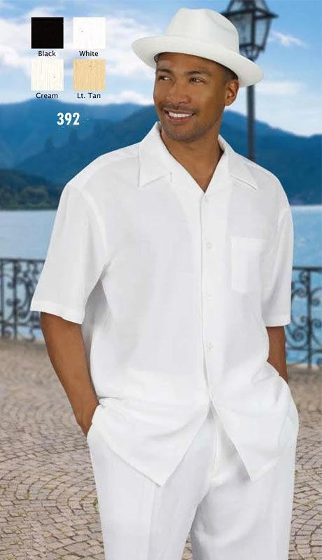 Men’s Big Size White Linen Walking Suit, Short Sleeve Shirt and Pants Casual Summer Set