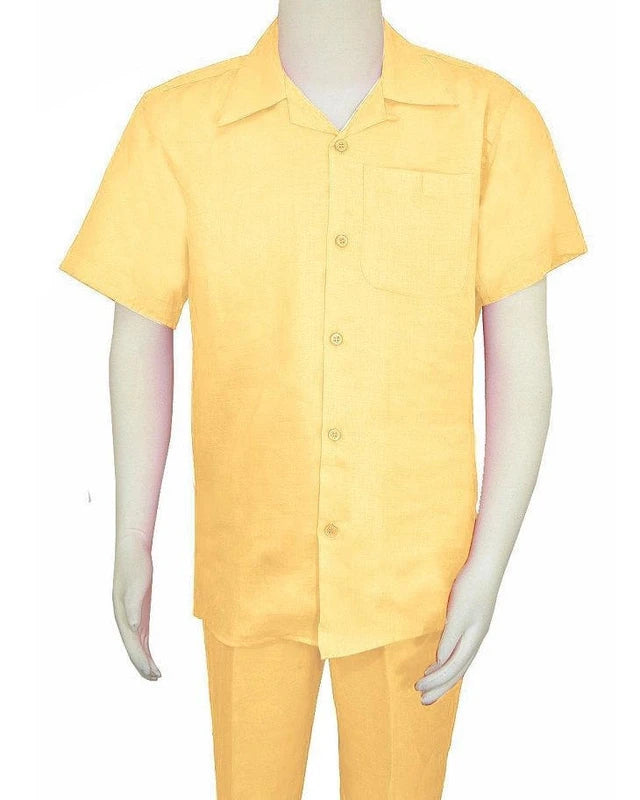 Big Size Men’s Yellow Linen Walking Suit Short Sleeve Shirt and Pants Set – Casual Summer Outfit