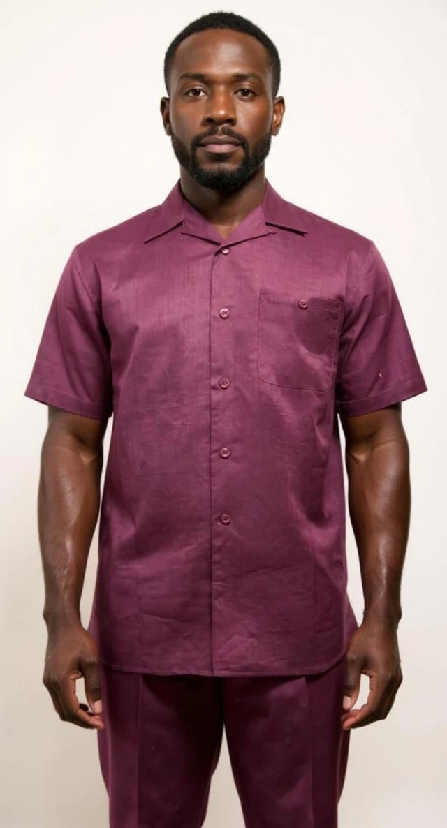 Men’s Burgundy Linen Casual Walking Suit Short Sleeve Shirt and Pants Set – Summer Resort Outfit