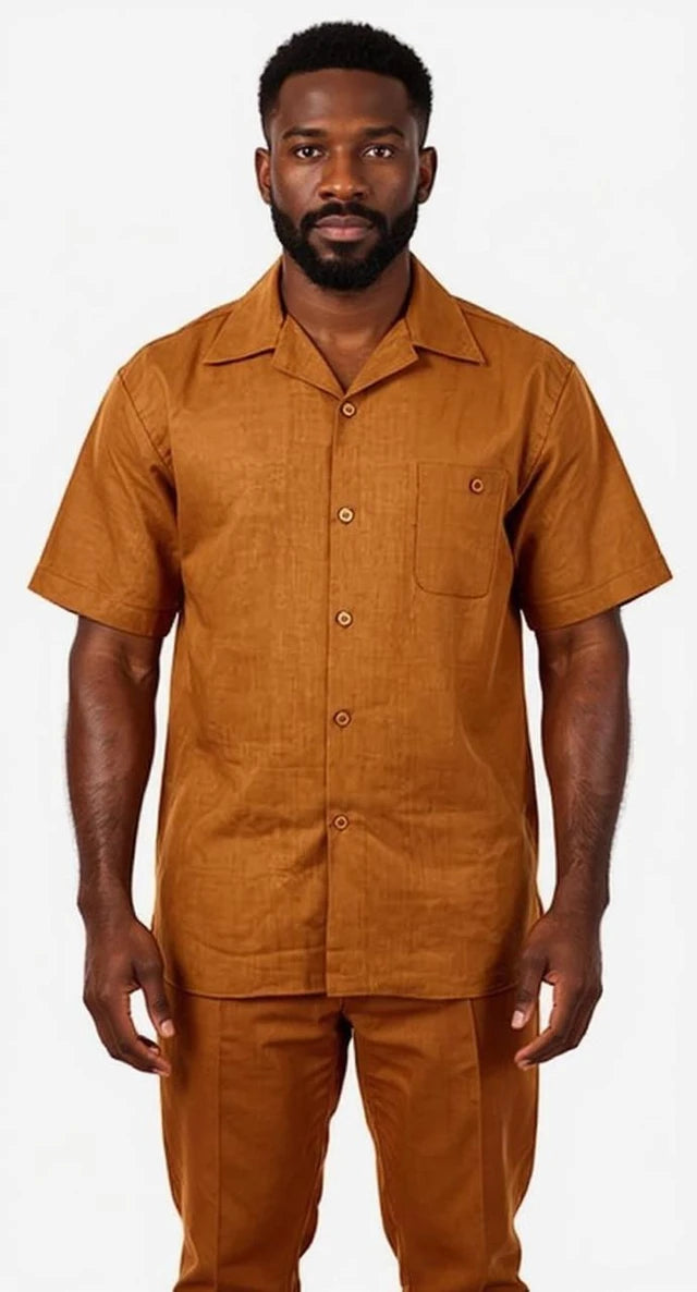Men’s Caramel Brown Linen Walking Suit Short Sleeve Shirt and Pleated Pants Set – Summer Casual Outfit