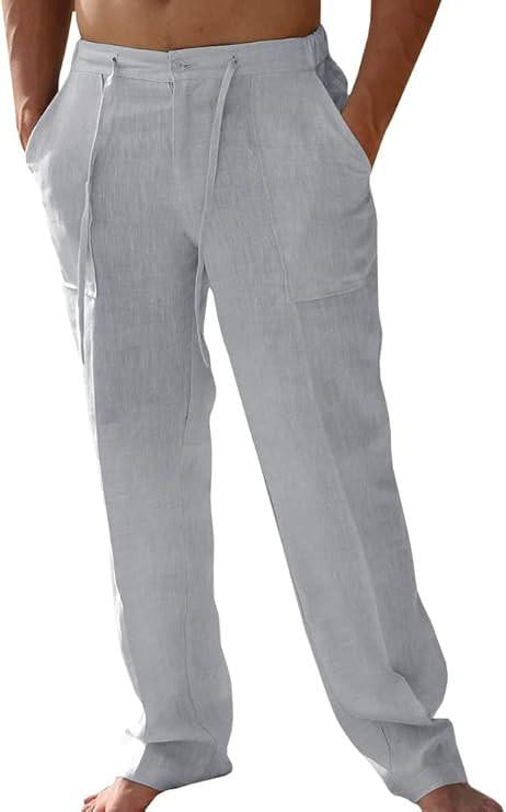 Men’s Gray Linen Outfit 2 Piece Casual Shirt and Pants Walking Suit Set