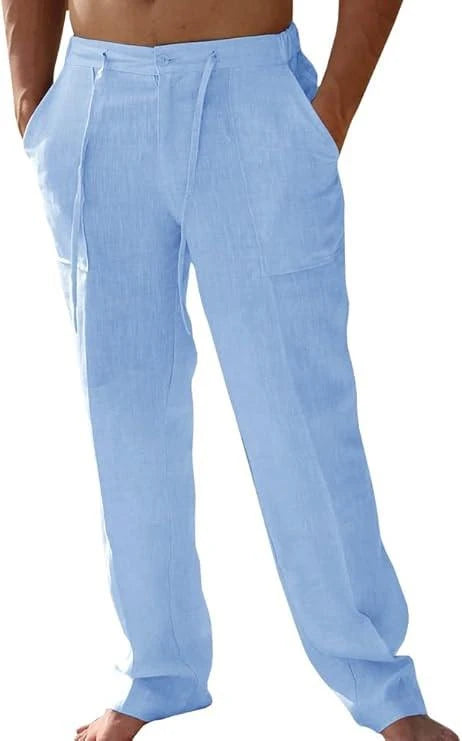 Men’s Light Blue Linen Pants and Shirt Set 2 Piece Summer Walking Suit Outfit