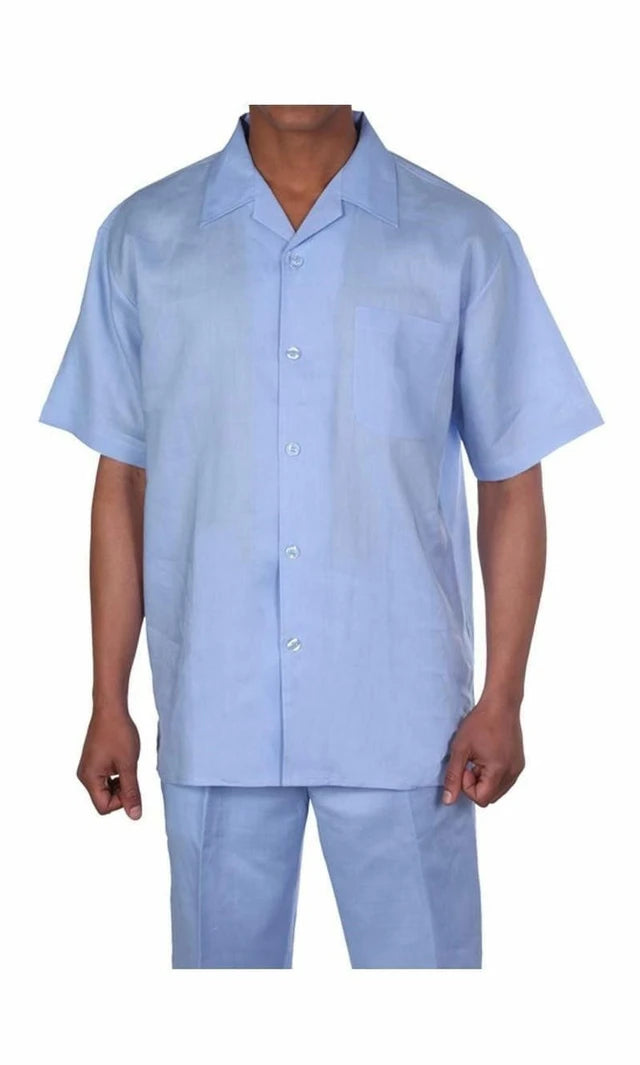 Men’s Light Blue Linen Pants and Shirt Set 2 Piece Summer Walking Suit Outfit