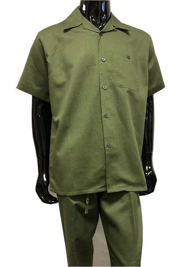 Men’s Olive Green Linen Walking Suit Short Sleeve Shirt & Pants Set – Casual Resort Outfit