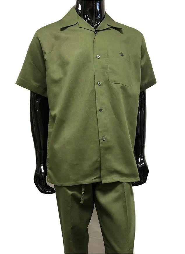 Men’s Olive Green Linen Walking Suit Short Sleeve Shirt and Pants Set – Casual Resort Outfit
