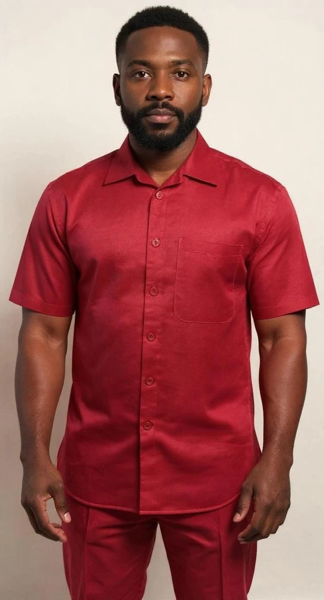 Men’s Red Linen Walking Suit Short Sleeve Shirt and Pants Set – Casual Summer Outfit for Men