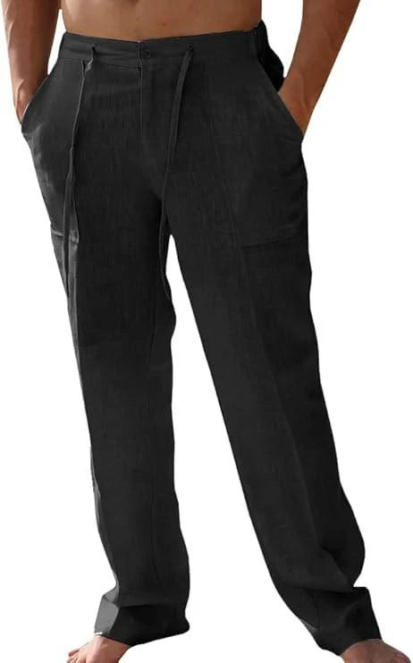 Men’s Short Sleeve Black Linen Walking Suit Shirt and Pants Set – Casual Resort Summer Outfit