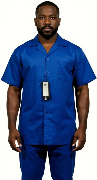 Men’s Royal Blue Linen Shirt & Pants Set Short Sleeve Walking Suit – Casual Summer Outfit