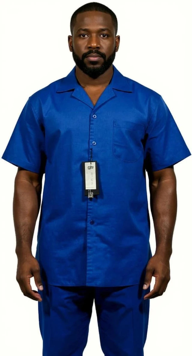 Men’s Royal Blue Linen Shirt and Pants Set Short Sleeve Walking Suit – Casual Summer Outfit